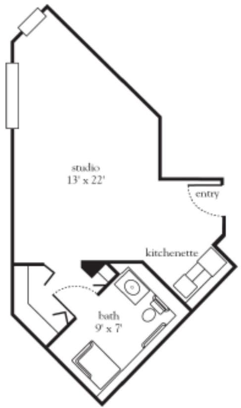 Floor plan of a studio apartment with kitchenette and bathroom.