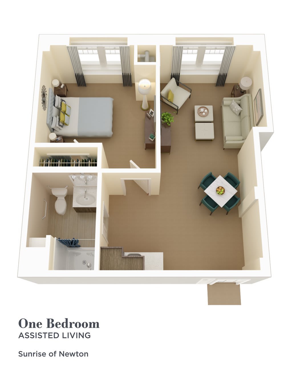 3D rendering of a one-bedroom apartment floor plan.