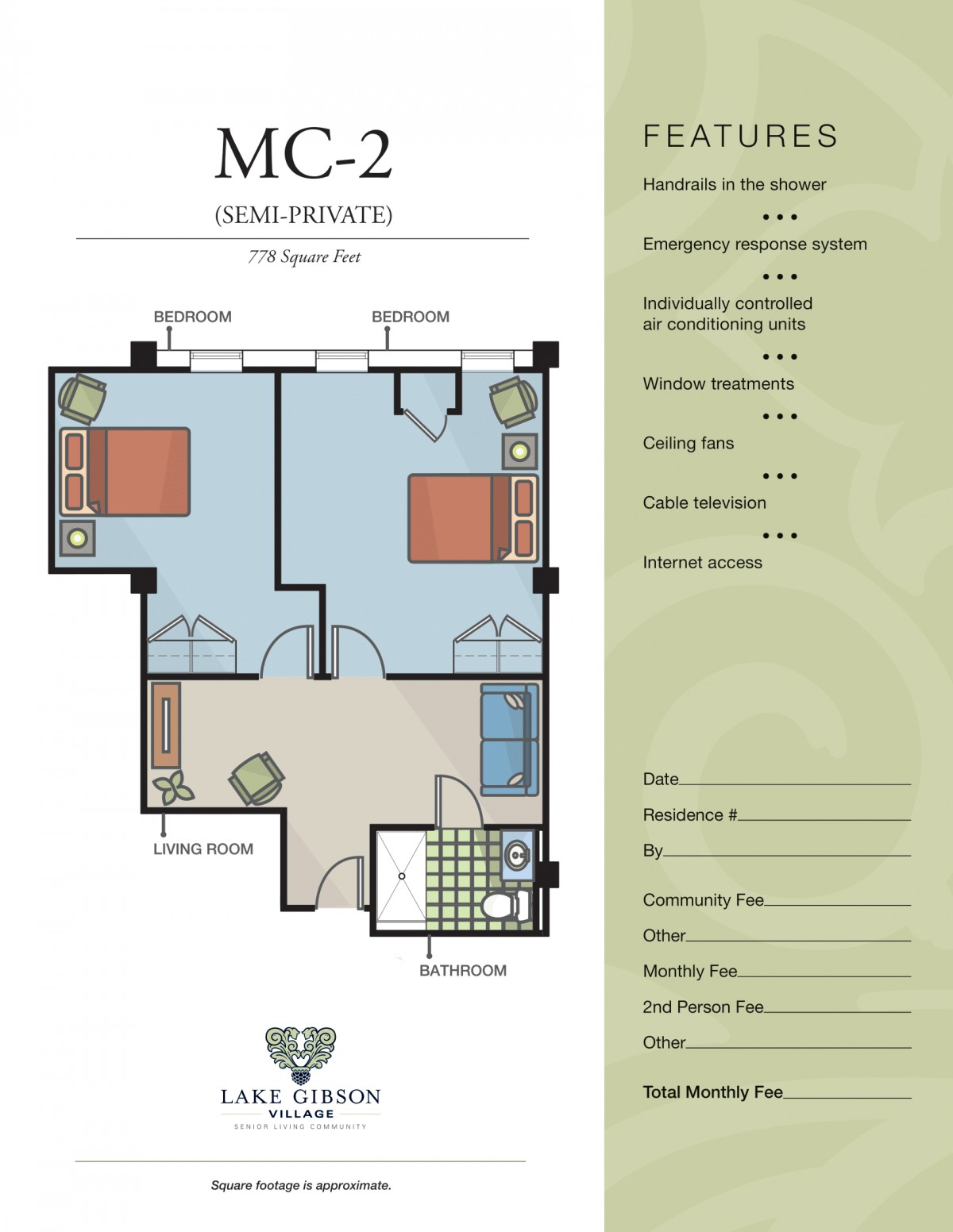 MC-2 semi-private two-bedroom apartment floor plan.