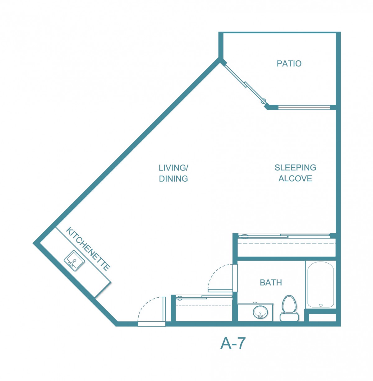 Blueprint of a studio apartment showing layout with living area, sleeping alcove, and patio.