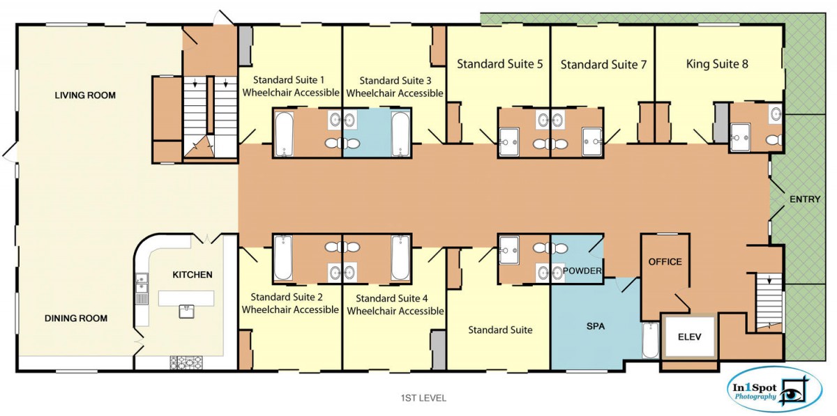 Layout of an accommodation floor plan featuring various standard and accessible suites.