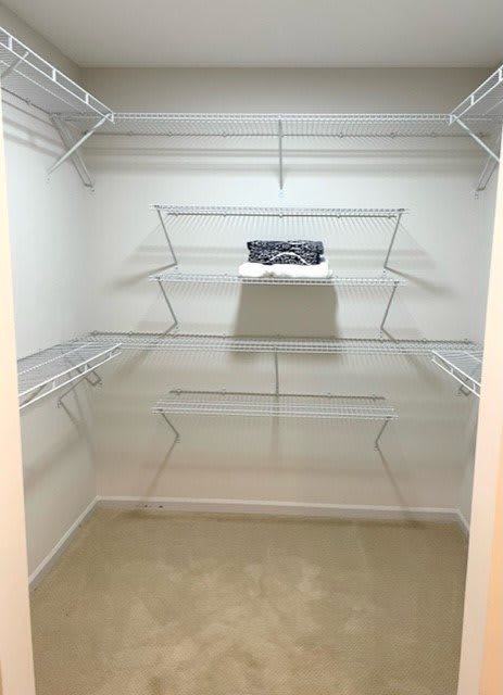 An empty walk-in closet with white wire shelving.