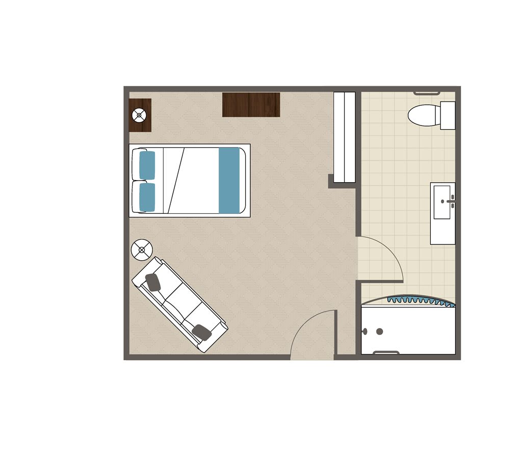 A simple floor plan depicting a one-room layout with a bathroom.
