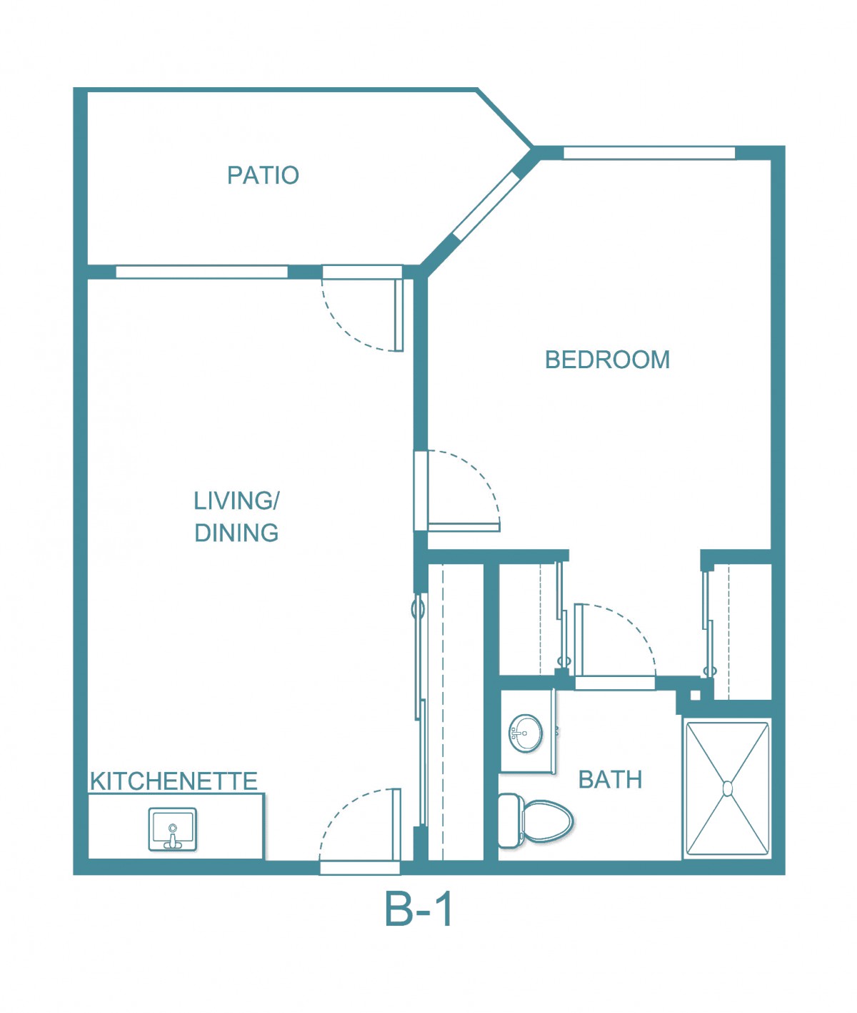 Floor plan of a one-bedroom apartment with living/dining area, bathroom, and patio.