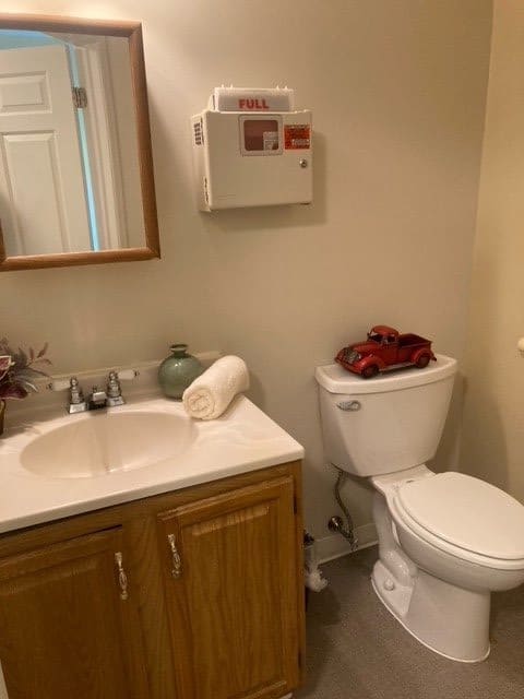 A small bathroom with a vanity sink, mirror, and toilet.