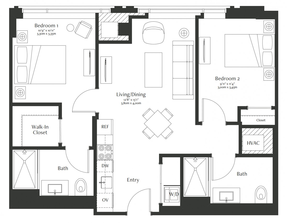Floor plan of a two-bedroom apartment with a living/dining area, kitchen, and two bathrooms.