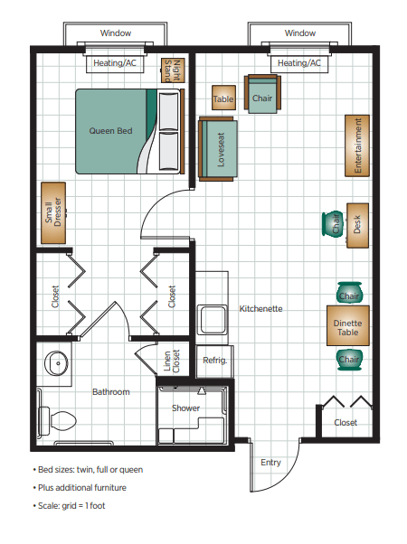 One-bedroom apartment floor plan with labeled areas and furniture layout.