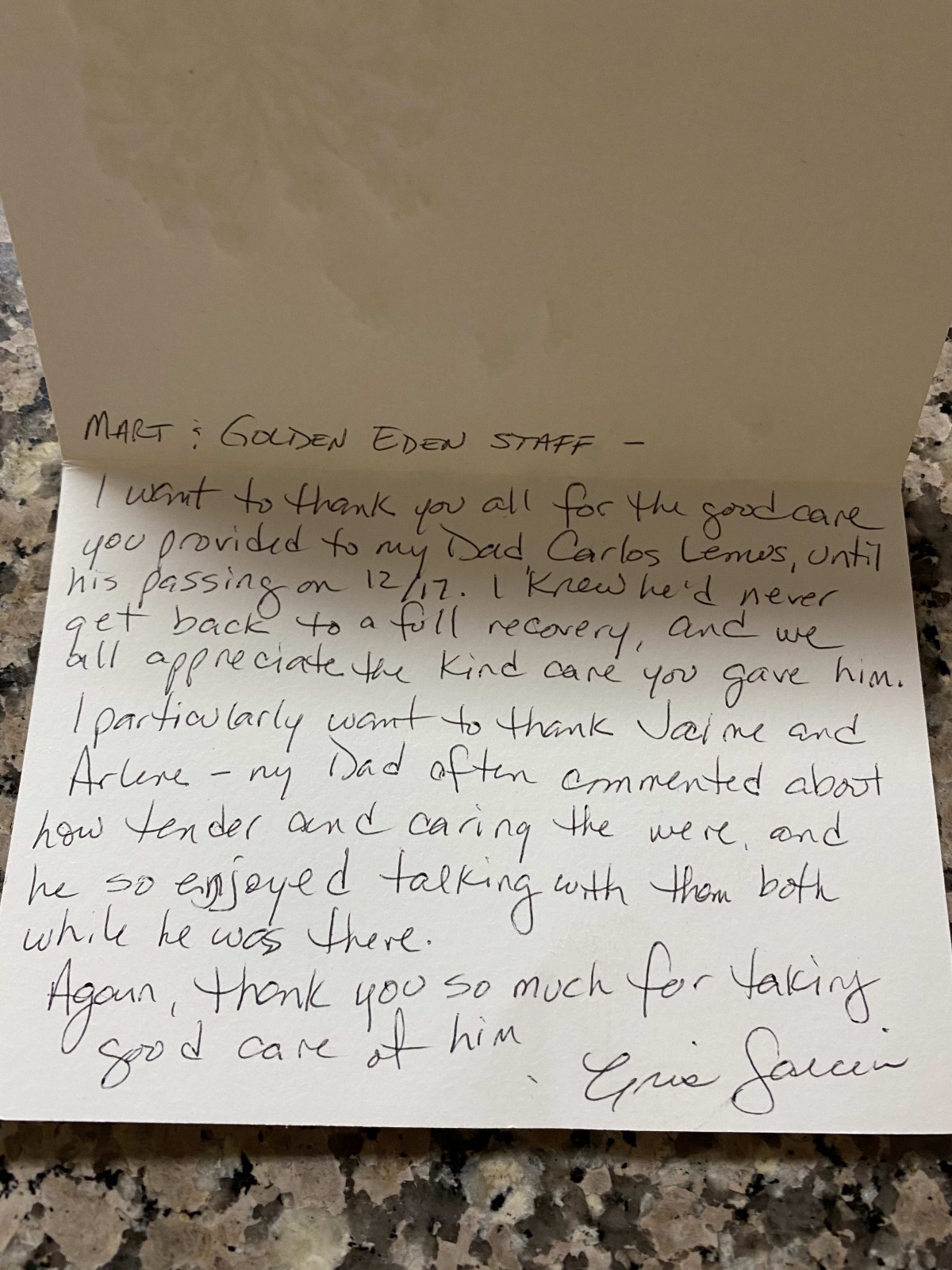 A handwritten thank you card expressing appreciation and gratitude.