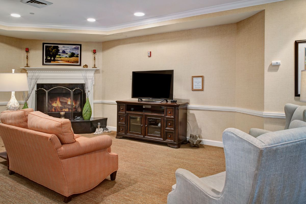 Cozy living room with a TV and fireplace.