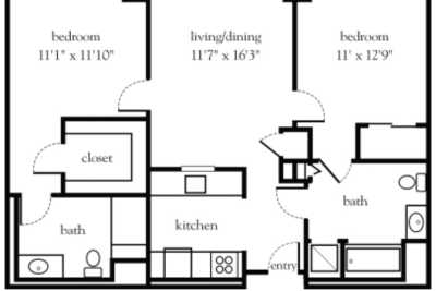 A floor plan depicting an apartment layout with two bedrooms, a kitchen, and a bathroom.