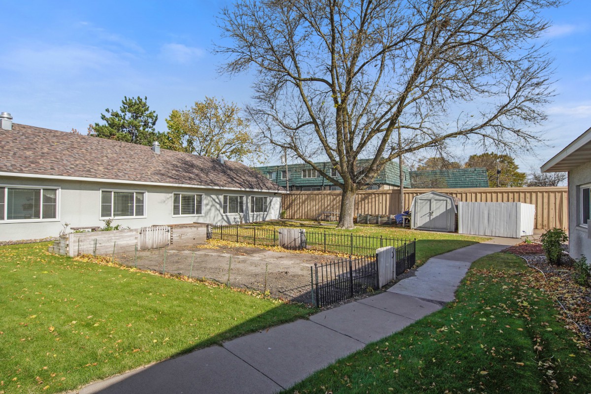 A backyard with a tree, pathway, and fence next to a house.
