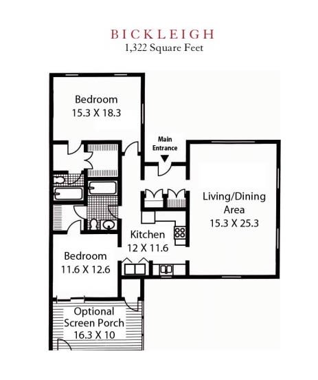 A floor plan for a two-bedroom apartment layout measuring 1,232 square feet.