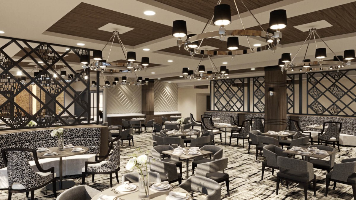 Modern restaurant interior with stylish chandeliers and seating arrangements.