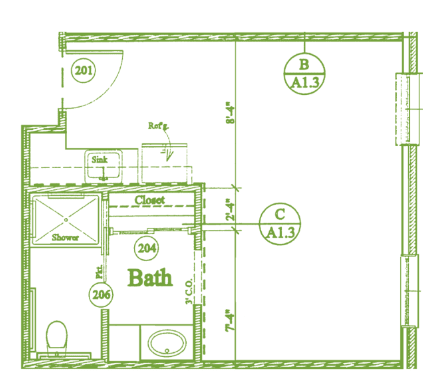 Blueprint layout of a room with a bathroom.