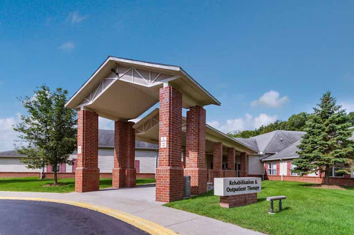 The entrance of a modern institutional building.
