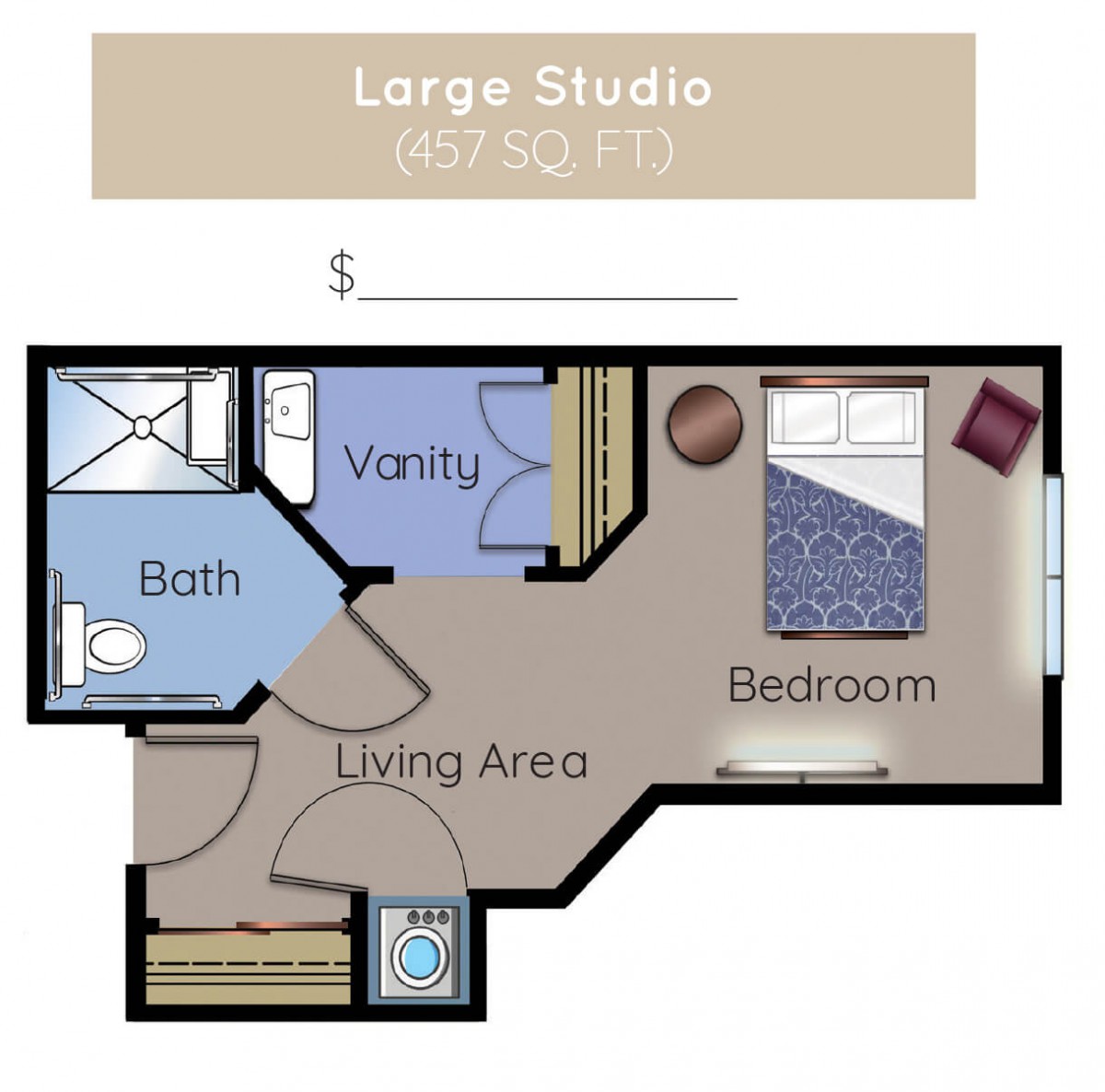 A floor plan of a large studio apartment featuring a living area, bathroom, vanity, and bedroom space.