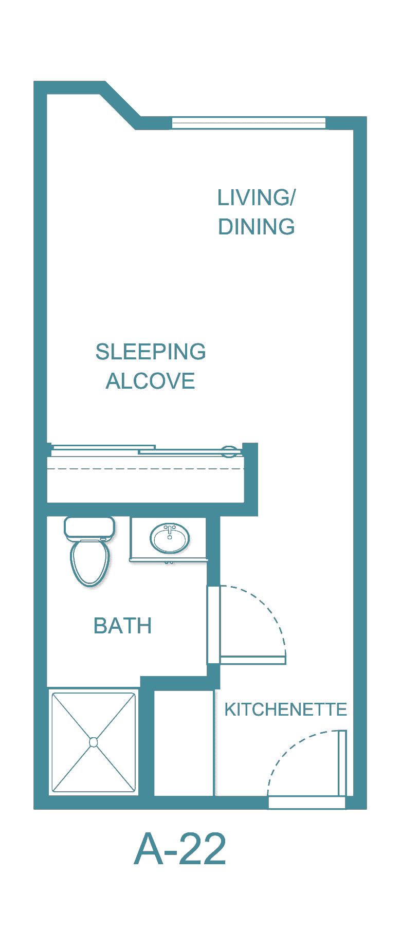 A simple floor plan showing a sleeping alcove and a bathroom.