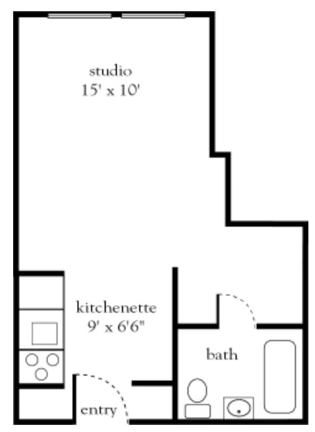 Blueprint of a studio apartment with dimensions for the main room, kitchenette, and bathroom.