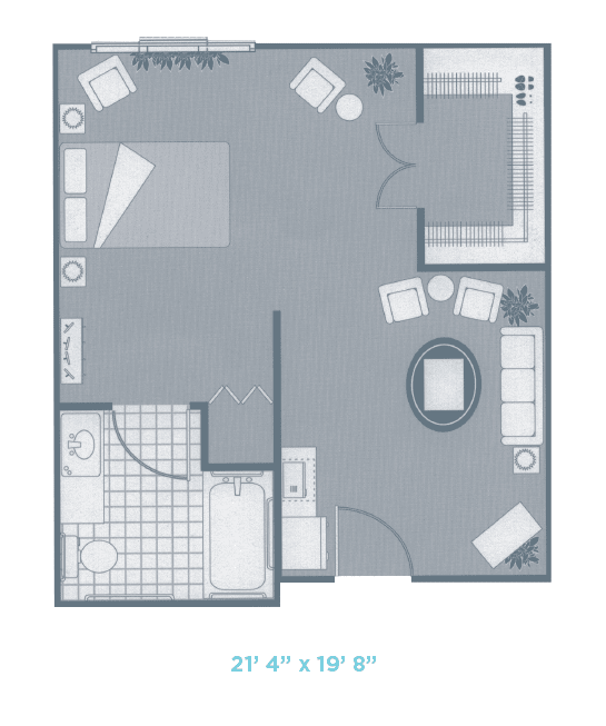 Studio apartment floor plan showcasing a bedroom, bathroom, and living area.