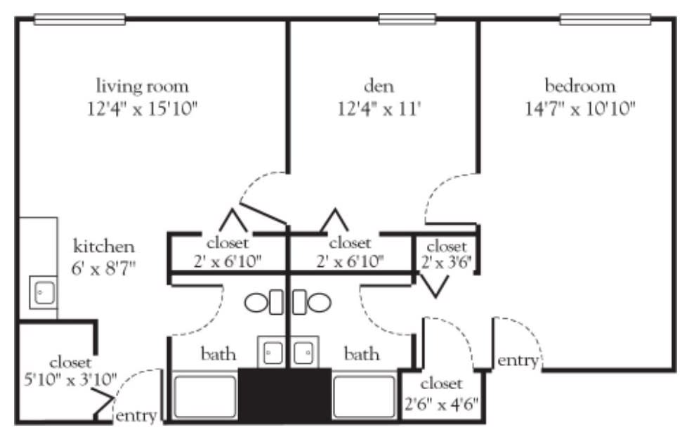 A floor plan showing the layout of a two-bedroom apartment with a den, living room, and kitchen.