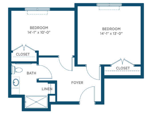 A floor plan of a residential space featuring two bedrooms, a bathroom, closets, and a foyer.