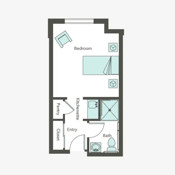 A compact studio apartment floor plan featuring a bedroom, bathroom, closet, and kitchenette.