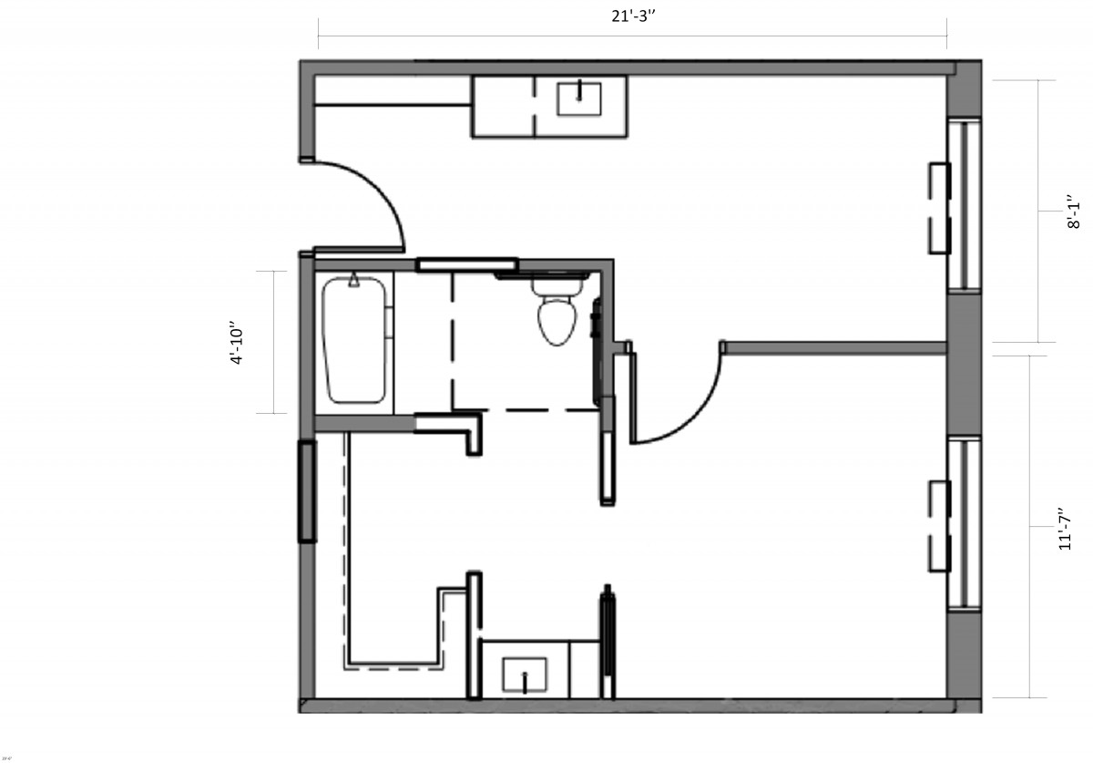 A floor plan showing the layout of a bathroom with measurements.