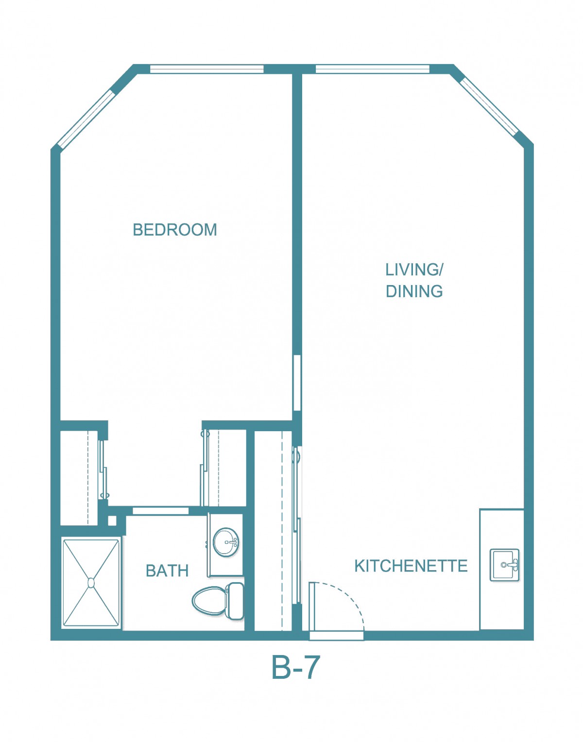 A floor plan of a one-bedroom apartment featuring a living/dining area, kitchenette, and bathroom.