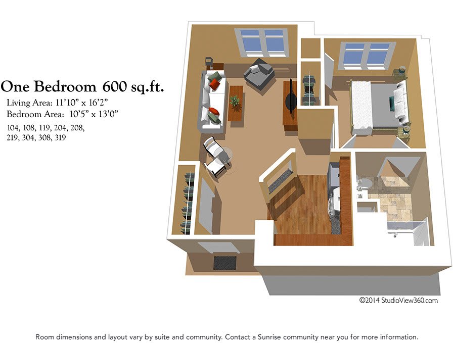 A 3D floor plan of a one-bedroom apartment measuring 600 square feet.