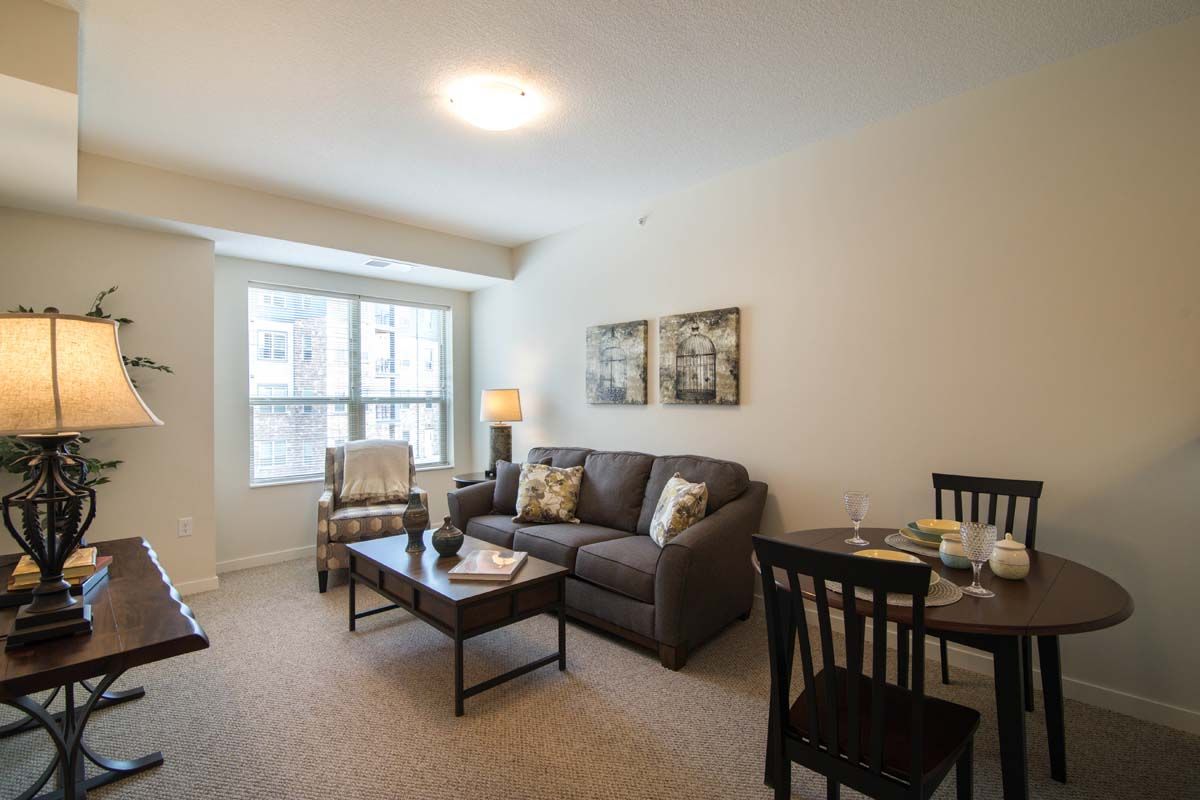 A cozy living room with a sofa, armchair, coffee table, and dining area.