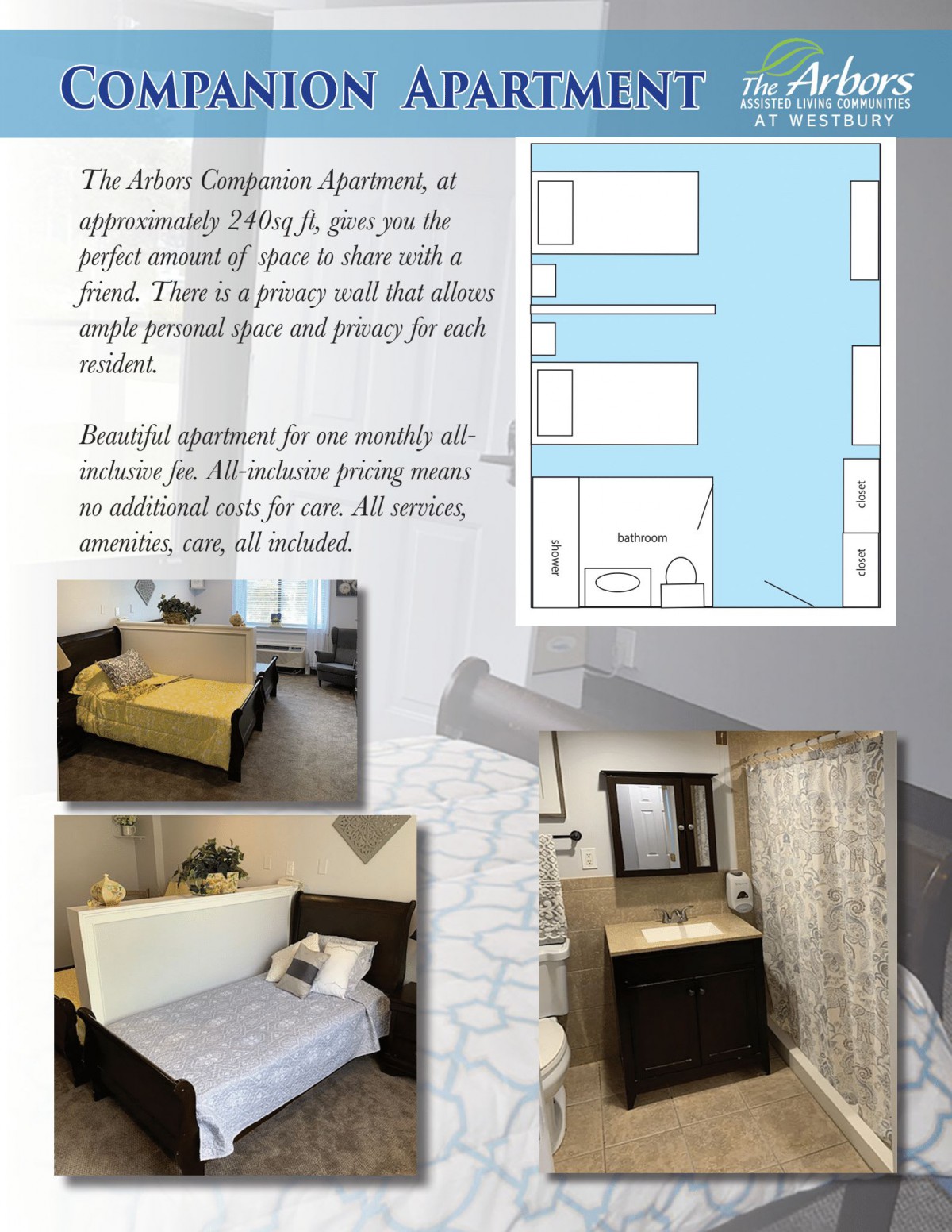 Promotional flyer showcasing a cozy apartment with detailed floor plan and images of the bedroom and bathroom.