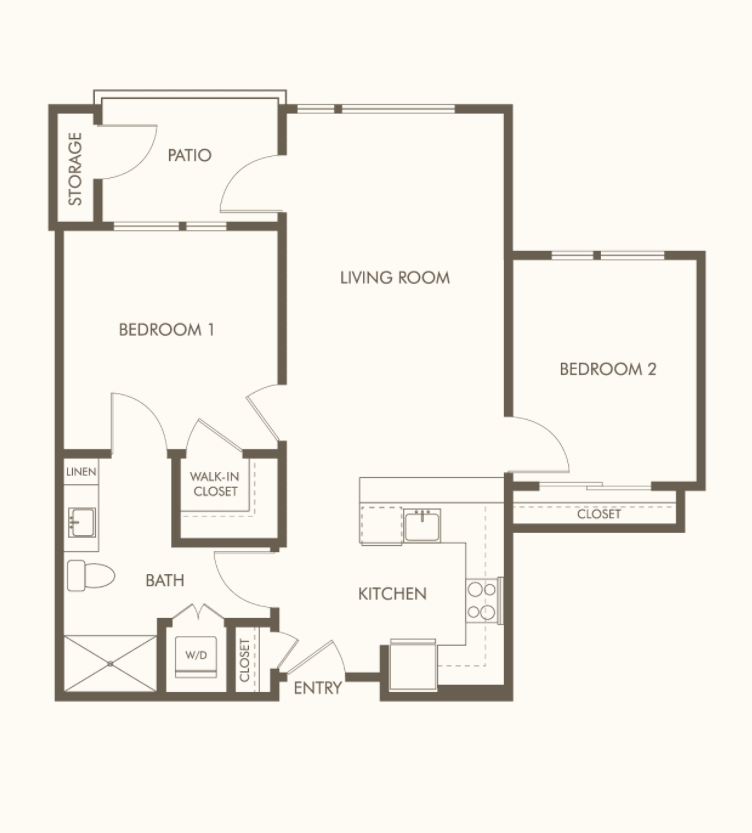A floor plan of a two-bedroom apartment with a kitchen, living room, and bathroom.