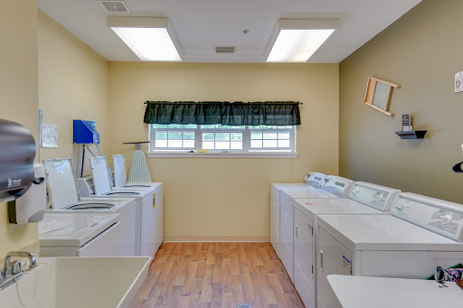 A bright and functional laundry room featuring washing machines, dryers, and ample natural light.