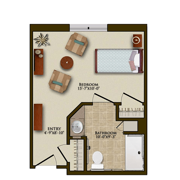 A floor plan of a small room featuring a bed, two chairs, a table, and an adjoining bathroom.