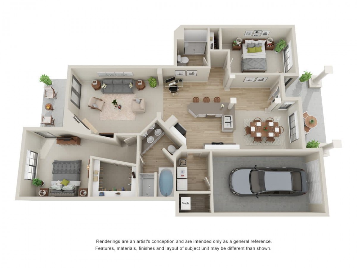 3D floor plan of a modern apartment featuring multiple rooms including bedrooms, bathrooms, a kitchen, living area, and garage.
