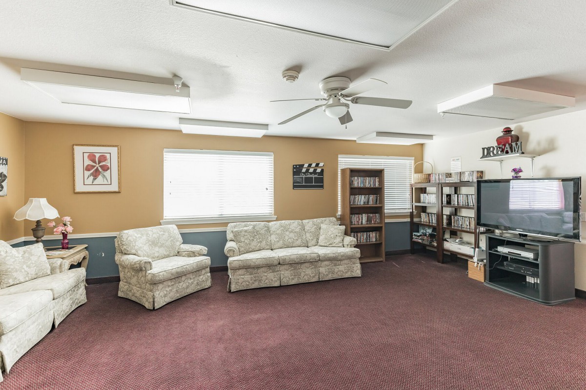 A cozy living room with sofas, bookshelves, and a television.