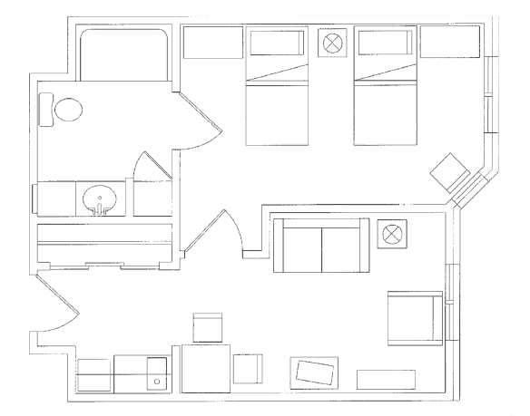 A floor plan showing the layout of an apartment with two bedrooms, a living room, and furniture arrangement.