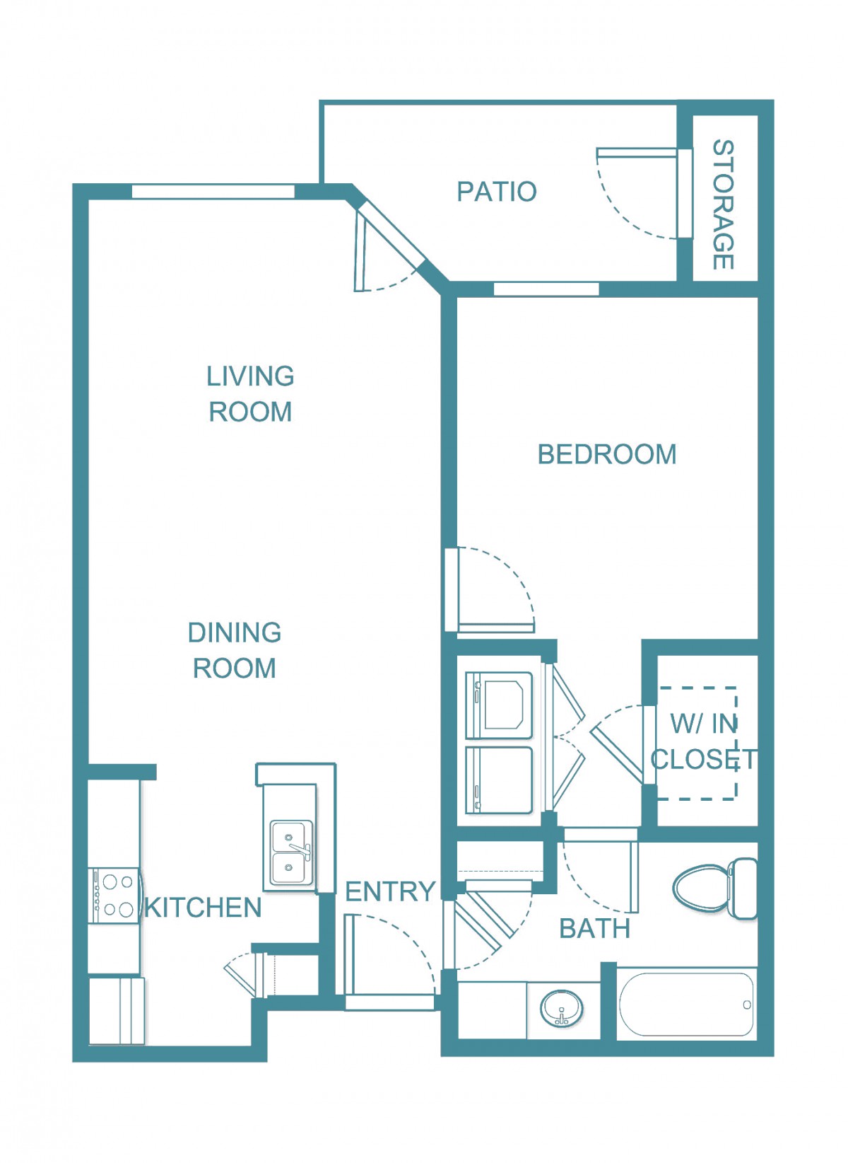 A floor plan of a one-bedroom apartment featuring a living room, dining room, kitchen, bathroom, and patio.
