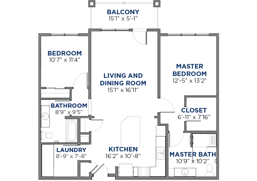 A floor plan of an apartment showing various rooms and their layout, including a master bedroom, living and dining room, kitchen, bathroom, laundry, and balcony.