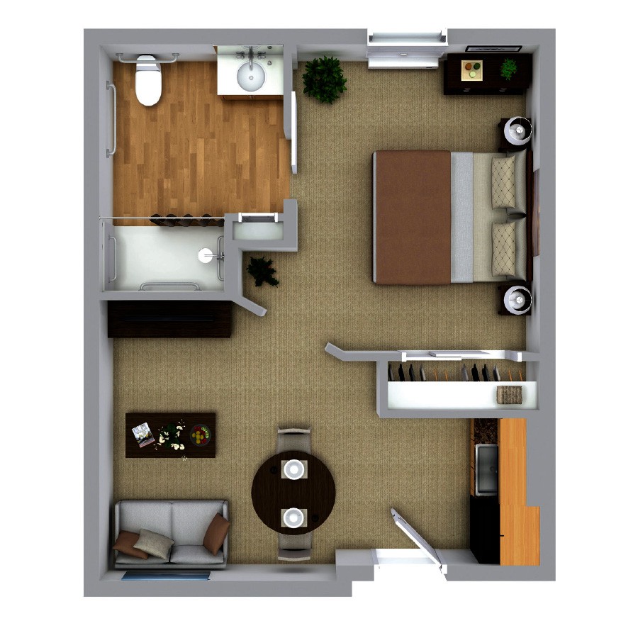 A compact apartment floor plan featuring one bedroom, a bathroom, a kitchen, and a living area.