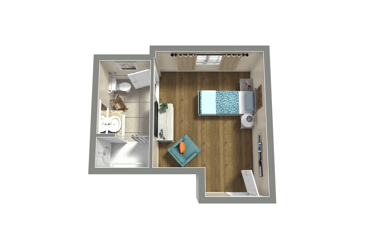 A 3D floor plan of a compact studio apartment with a bedroom and bathroom.
