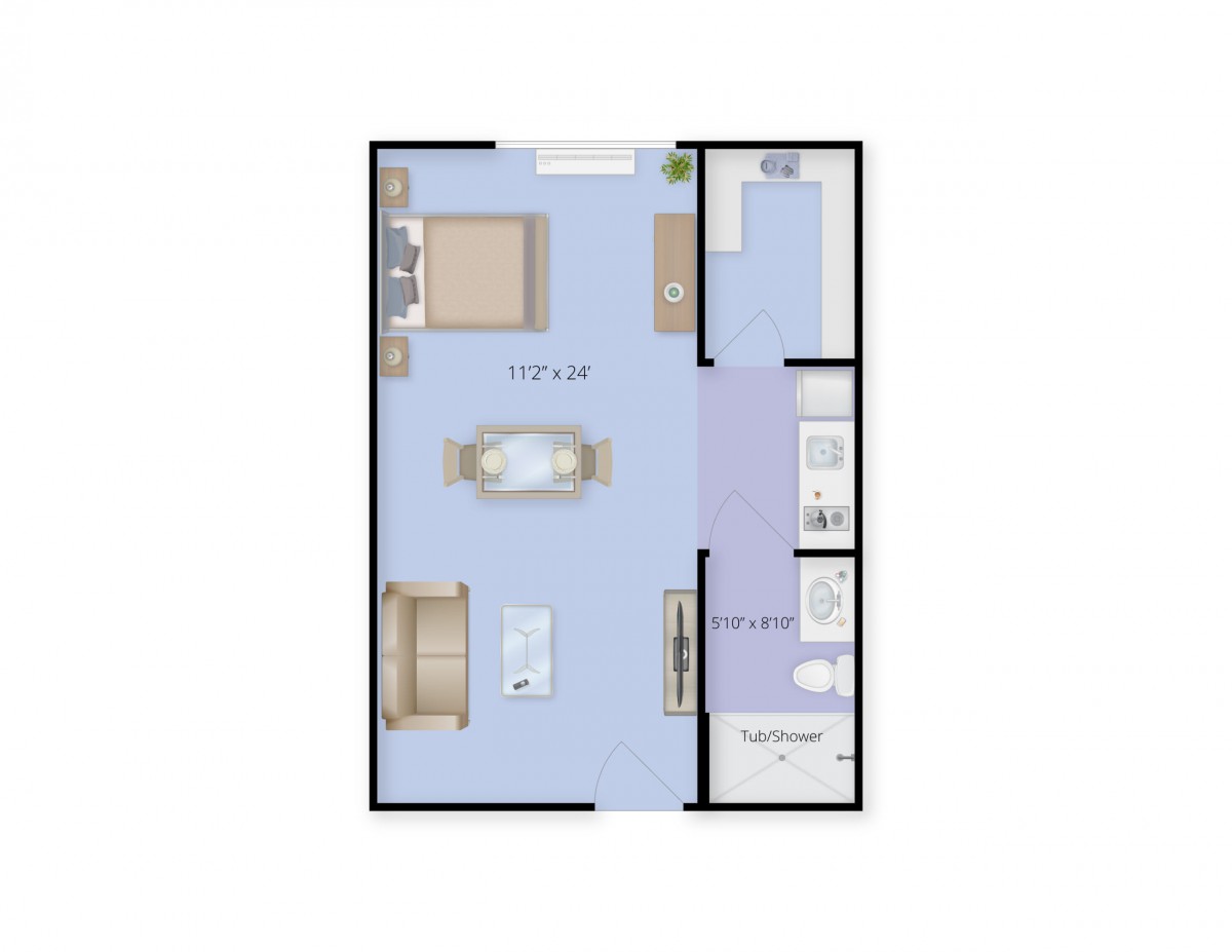 A floor plan of a one-bedroom apartment featuring a living room, kitchen, and bathroom.