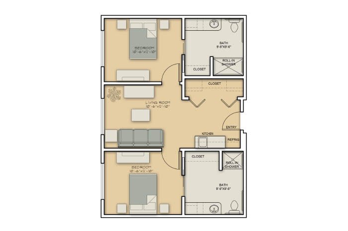 A detailed floor plan of an apartment showing the layout of rooms and common areas.
