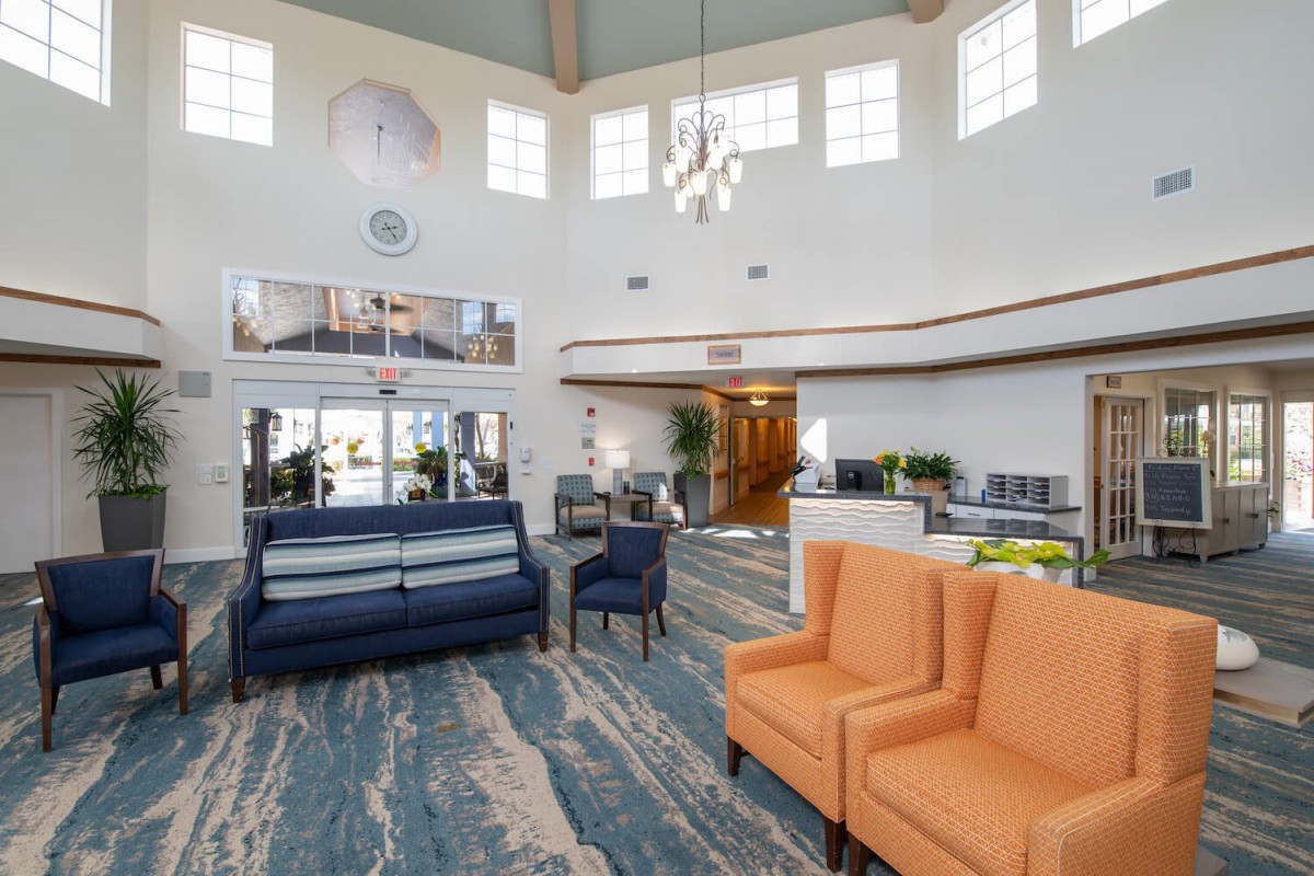 A spacious and modern lobby with comfortable seating and stylish decor.