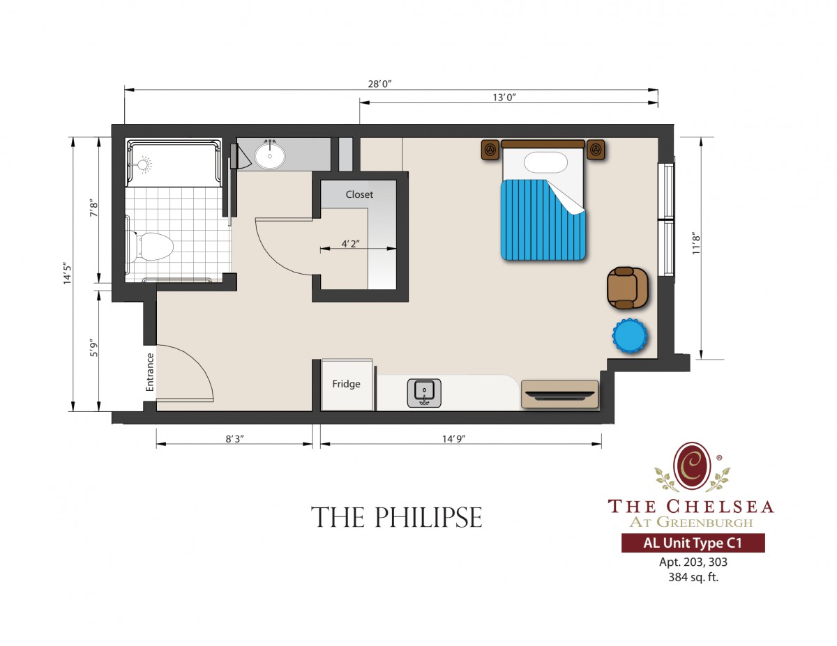 A floor plan of a one-bedroom apartment known as 'The Phlips' at The Chils.