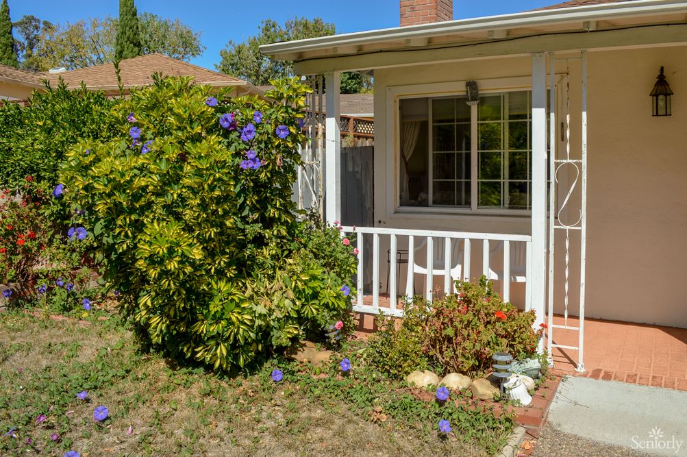 A cozy house with a small front porch and a garden adorned with blooming flowers.