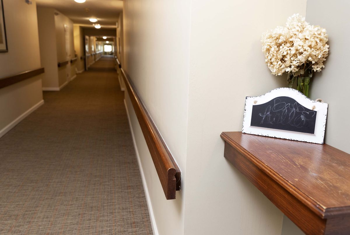 A long, carpeted hallway featuring a wooden handrail and decorative elements on the wall.