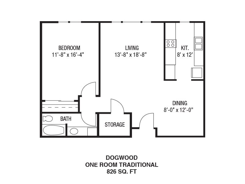 A floor plan of a one-bedroom traditional apartment measuring 695 square feet.