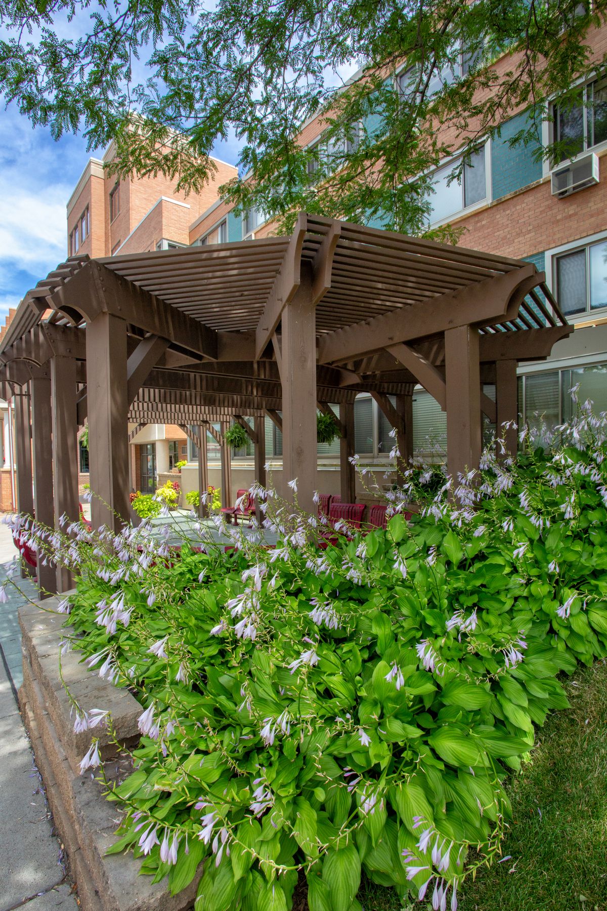 A wooden gazebo surrounded by lush greenery and flowers, adjacent to a building.
