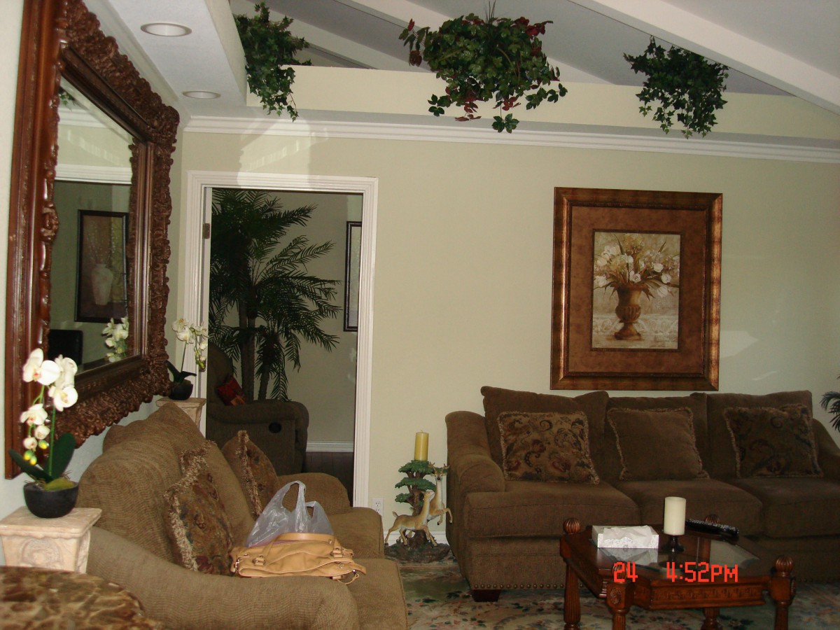 A cozy living room featuring comfortable couches, decorative plants, a large mirror, and framed artwork.